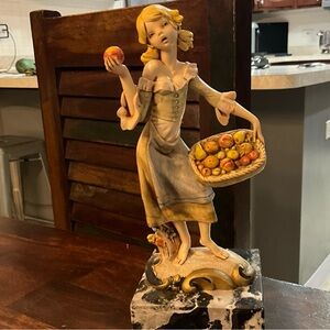 Vintage Depose Italy 922 Girl With Basket Of Fruit 10" Tall Carrara Marble Base